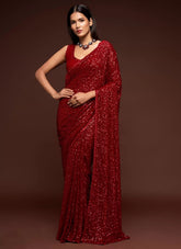 Red Thread And Multiple Sequins Embroidery Saree